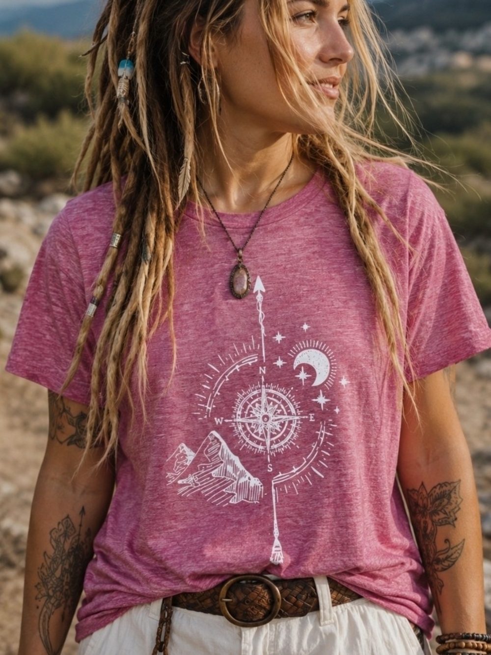 4/$15 Boho Wanderer Hiking Moon Compass Graphic Tee  Mauve Pink Sz M